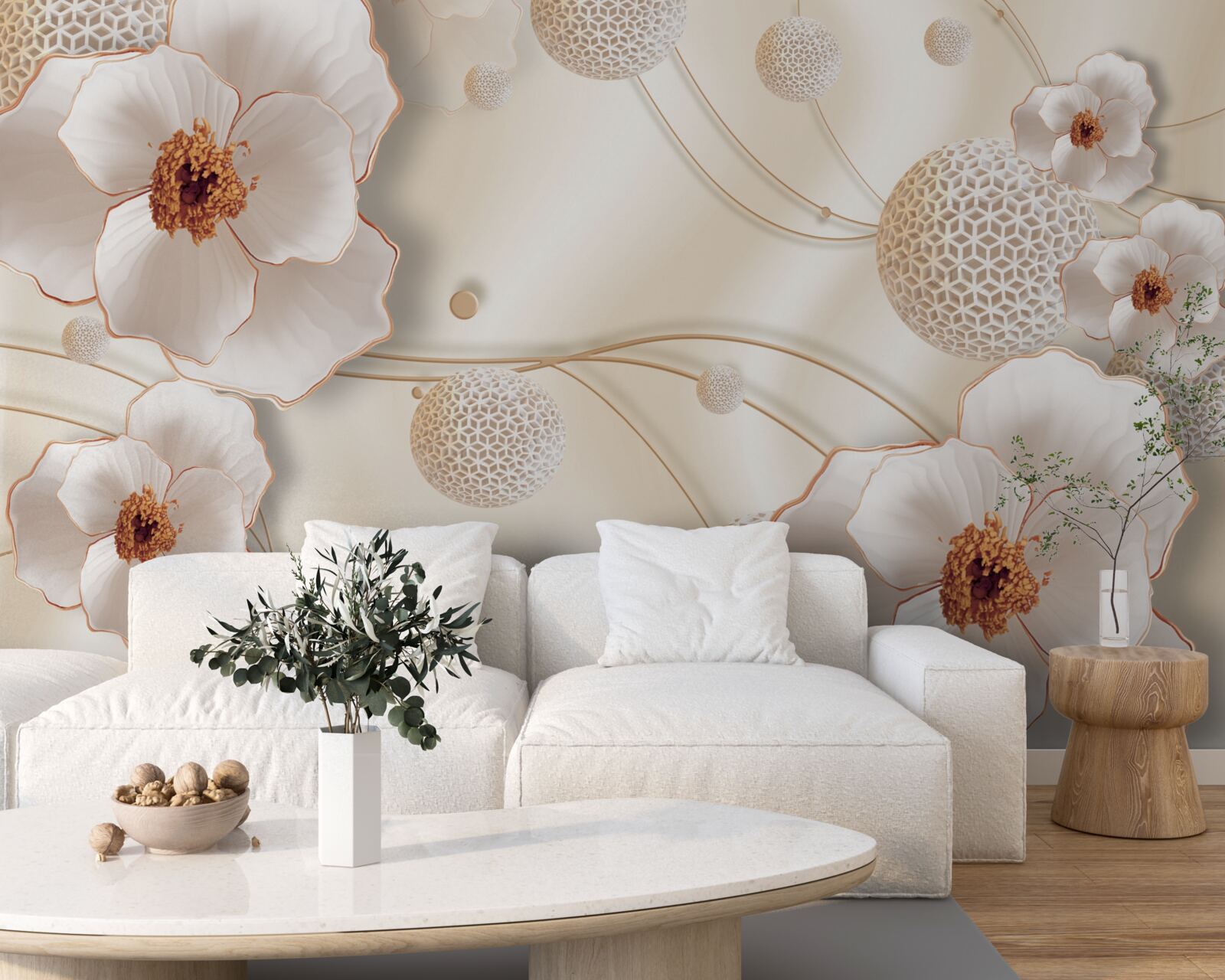 Fototapeta gałązki ozdobione złotymi, białymi kwiatami i błyszczącymi kryształkami