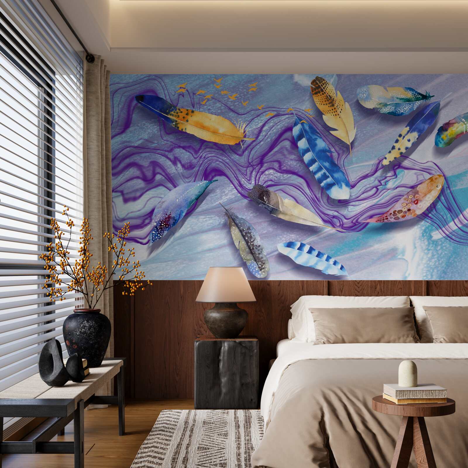 Fototapeta fale atramentu ozdobione są piórami