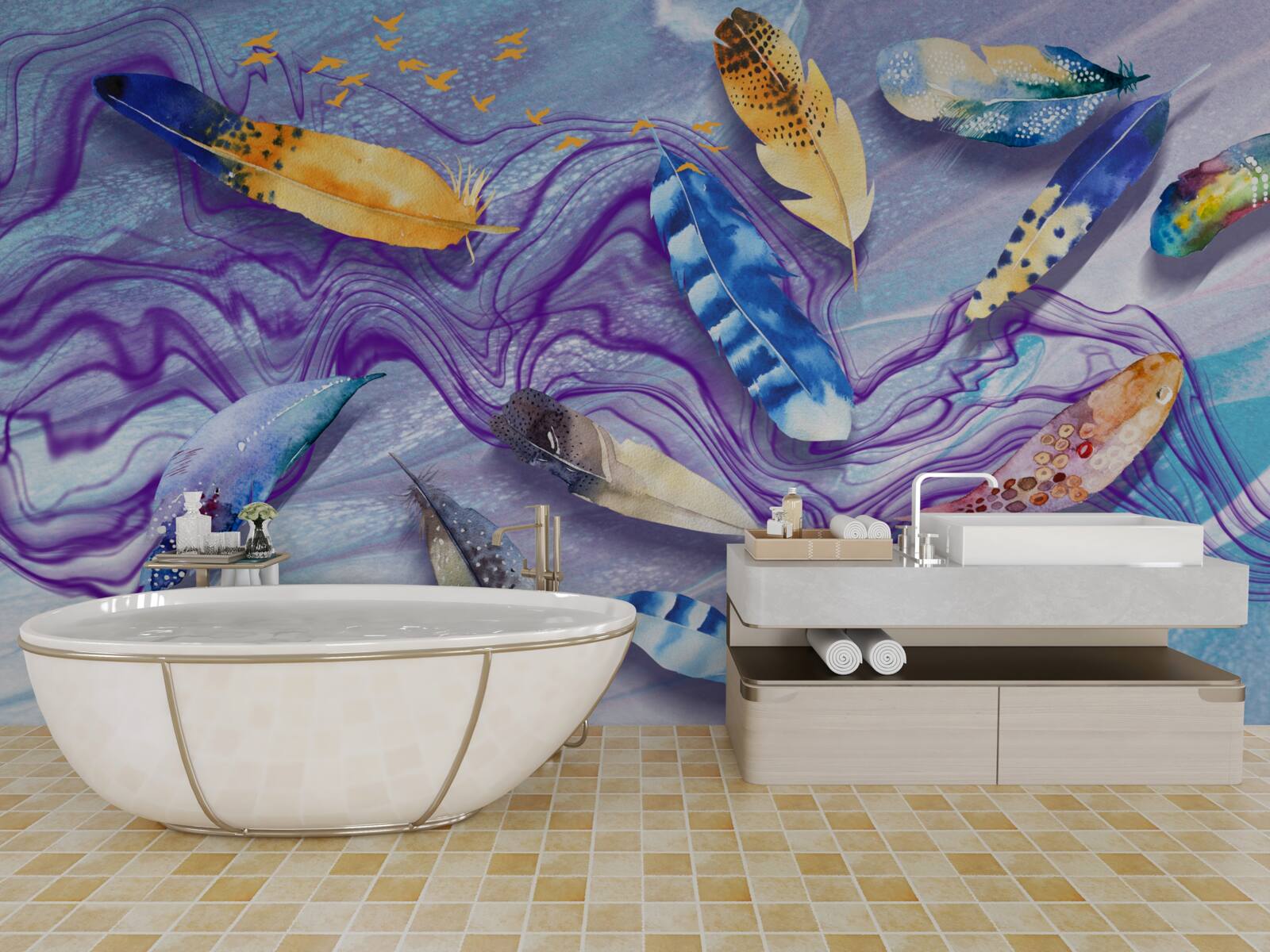 Fototapeta fale atramentu ozdobione są piórami