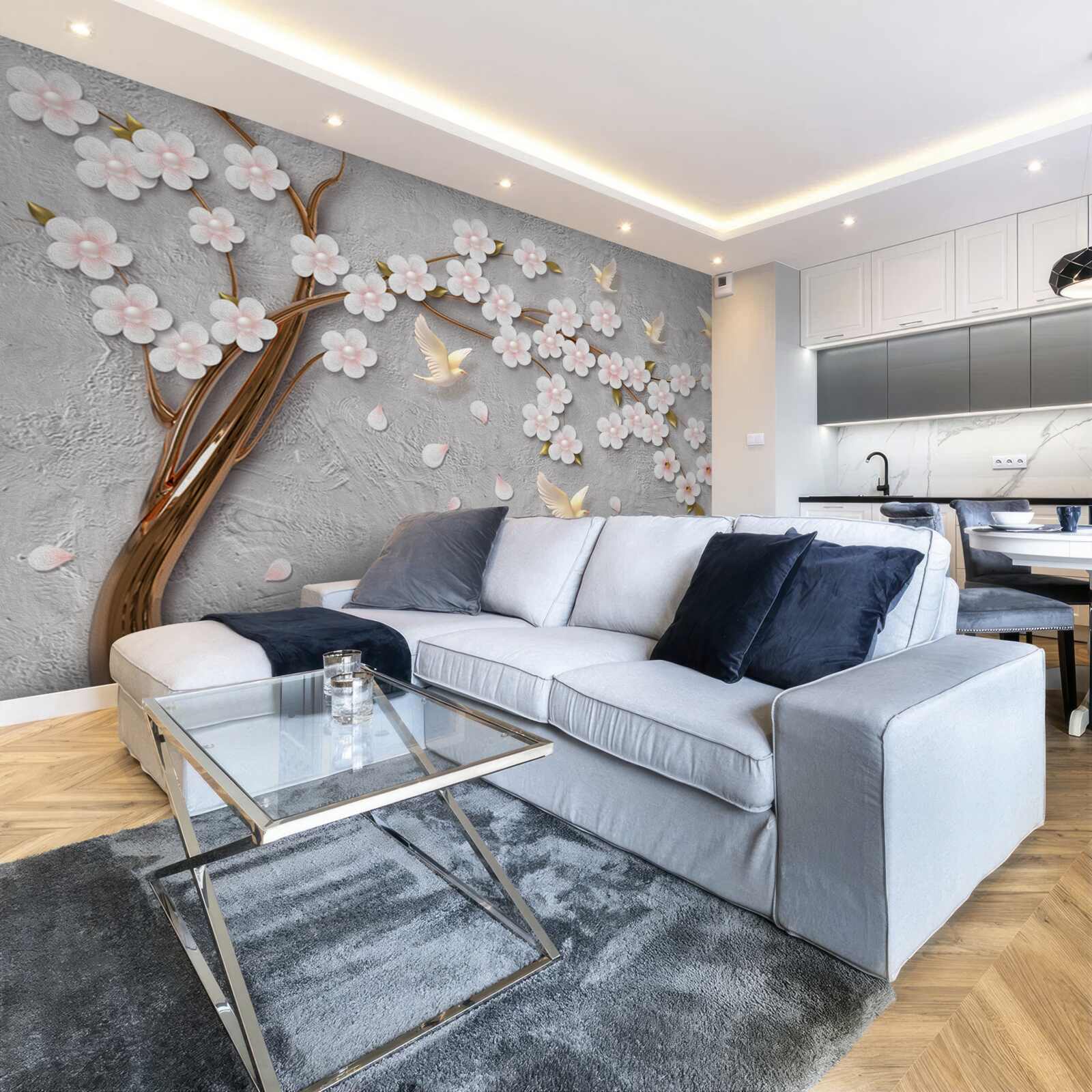 Fototapeta kwitnące drzewo i śnieżnobiałe gołębie