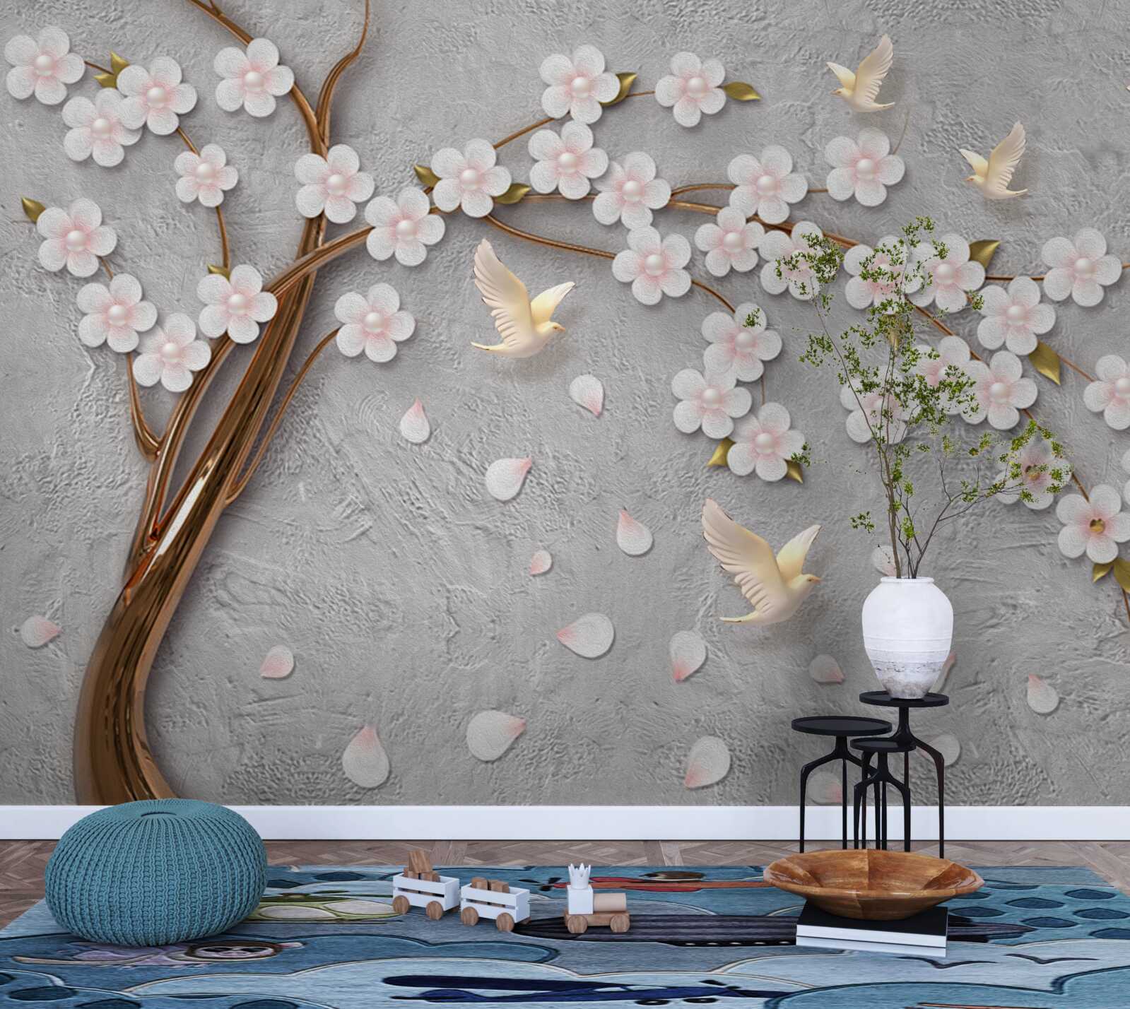 Fototapeta kwitnące drzewo i śnieżnobiałe gołębie