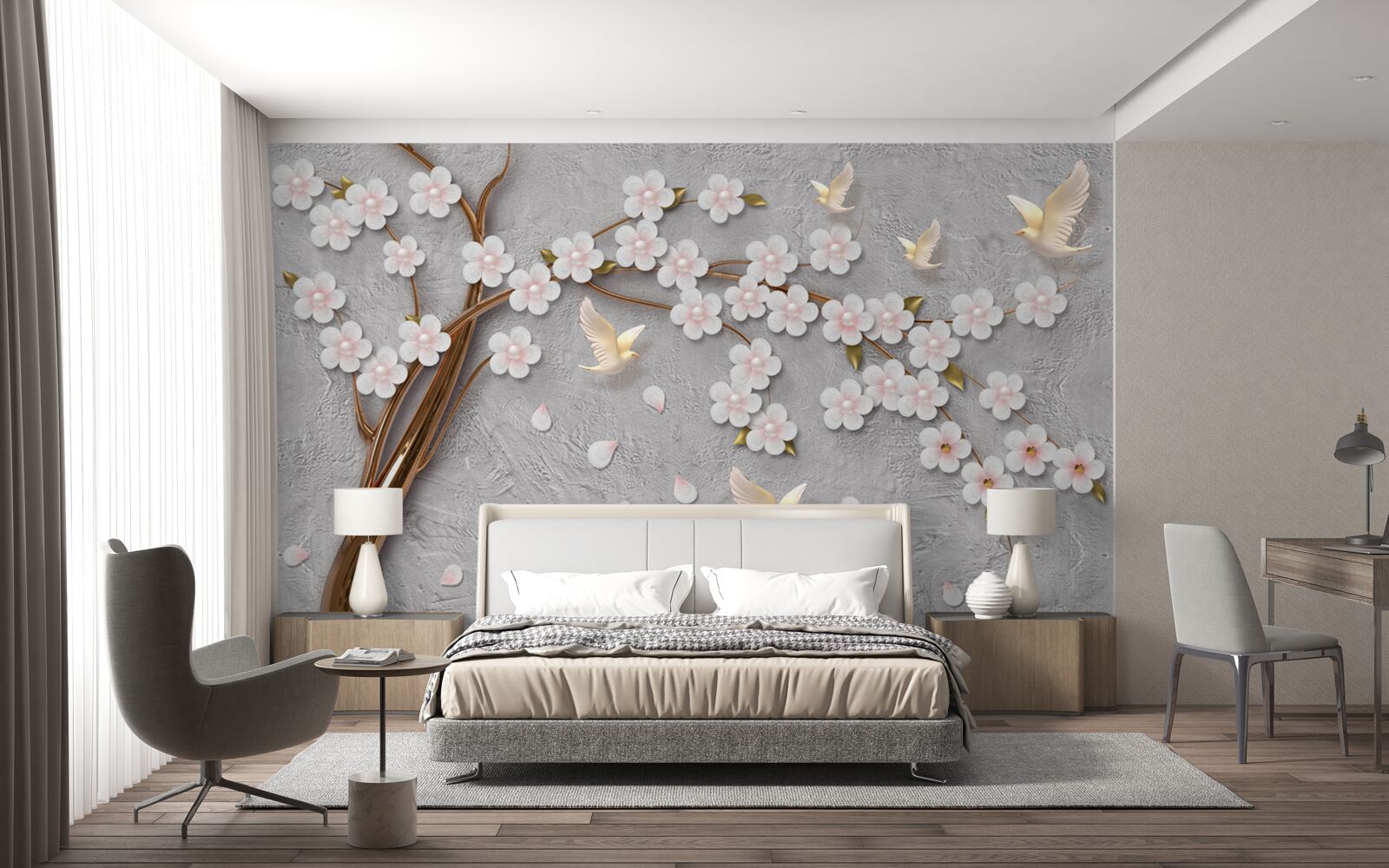 Fototapeta kwitnące drzewo i śnieżnobiałe gołębie