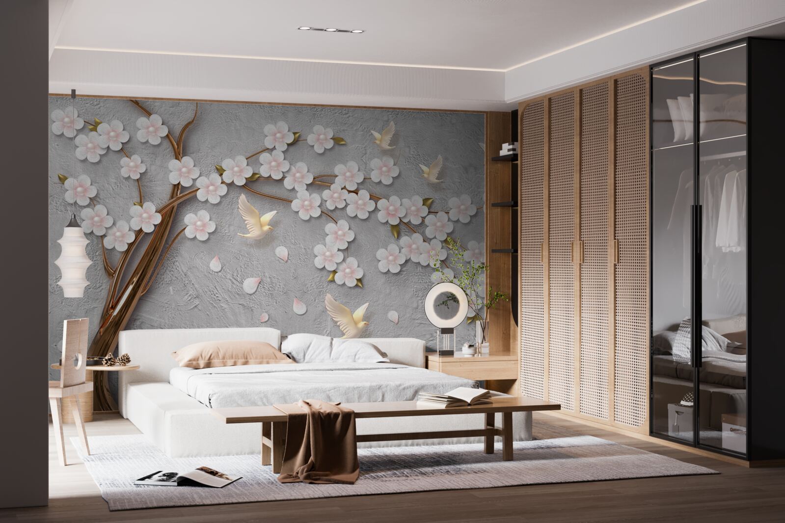 Fototapeta kwitnące drzewo i śnieżnobiałe gołębie