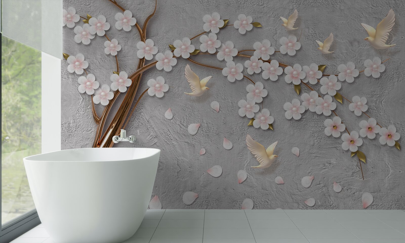 Fototapeta kwitnące drzewo i śnieżnobiałe gołębie