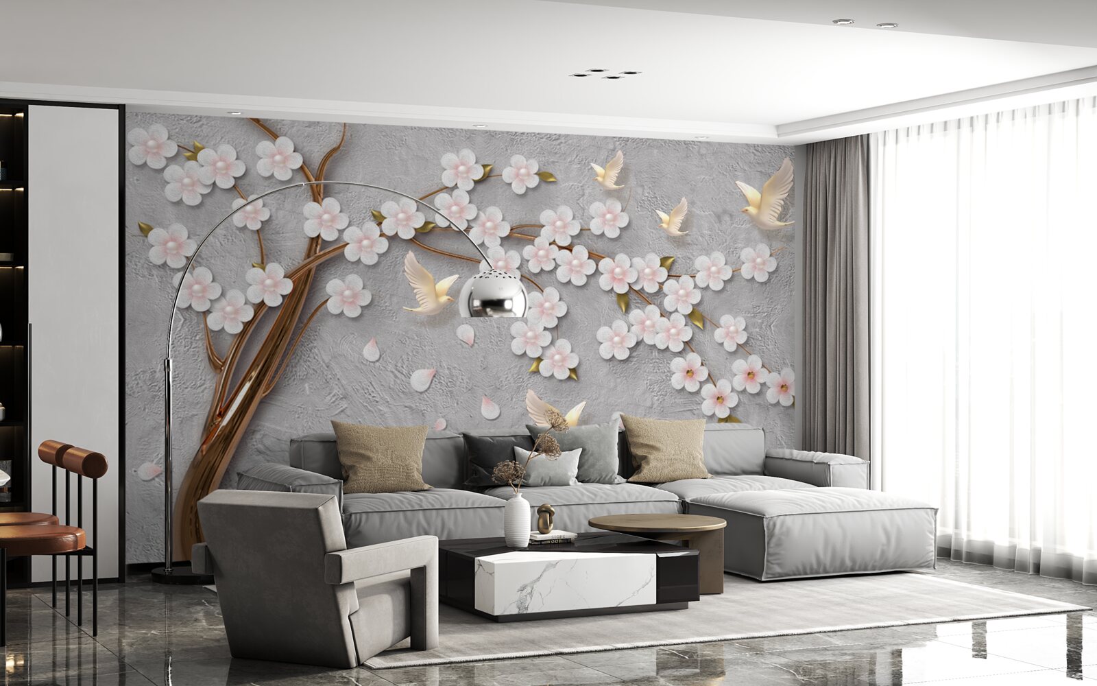 Fototapeta kwitnące drzewo i śnieżnobiałe gołębie