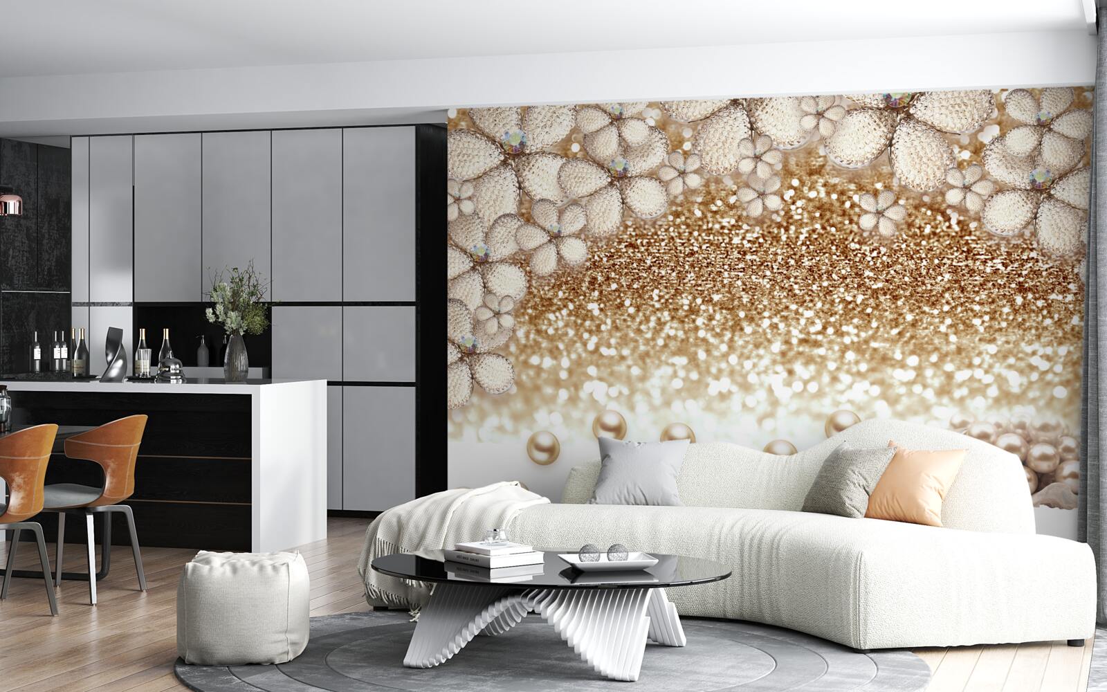 Fototapeta kwiaty w kolorze biało-złotym i perły