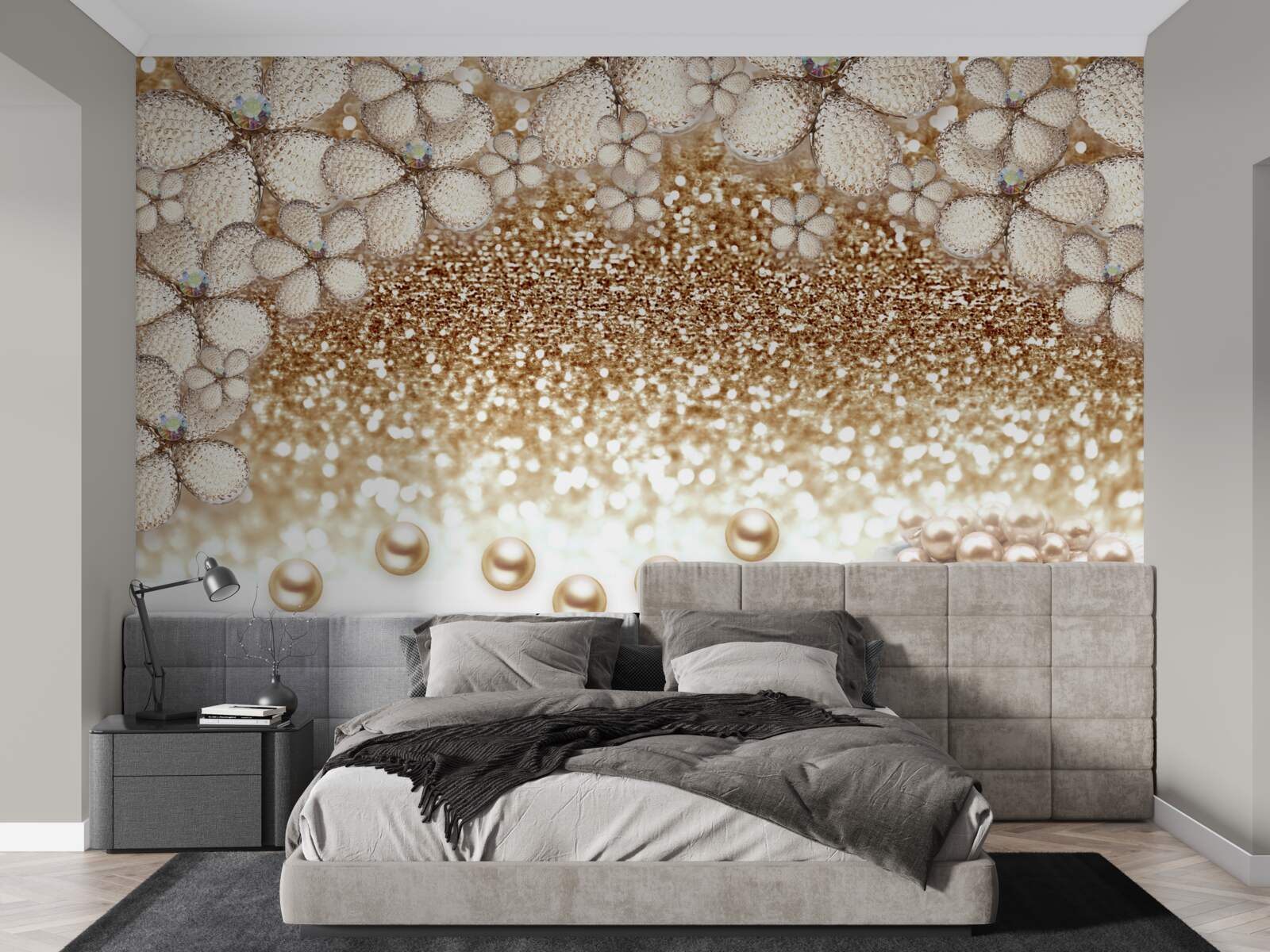 Fototapeta kwiaty w kolorze biało-złotym i perły