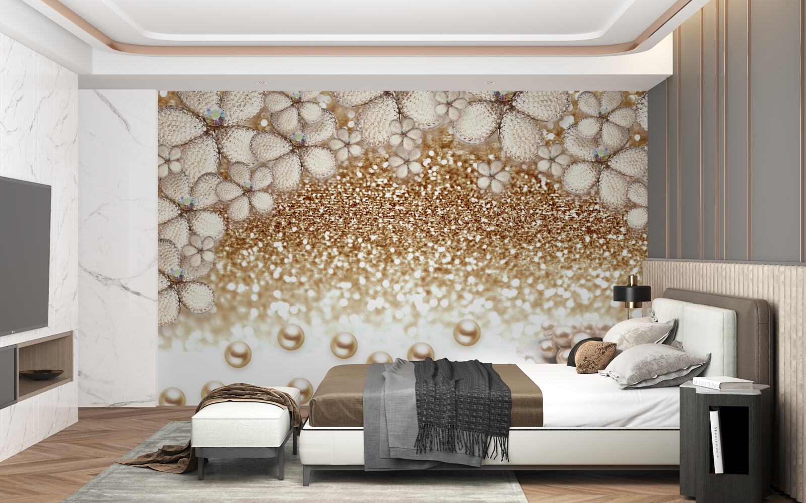 Fototapeta kwiaty w kolorze biało-złotym i perły