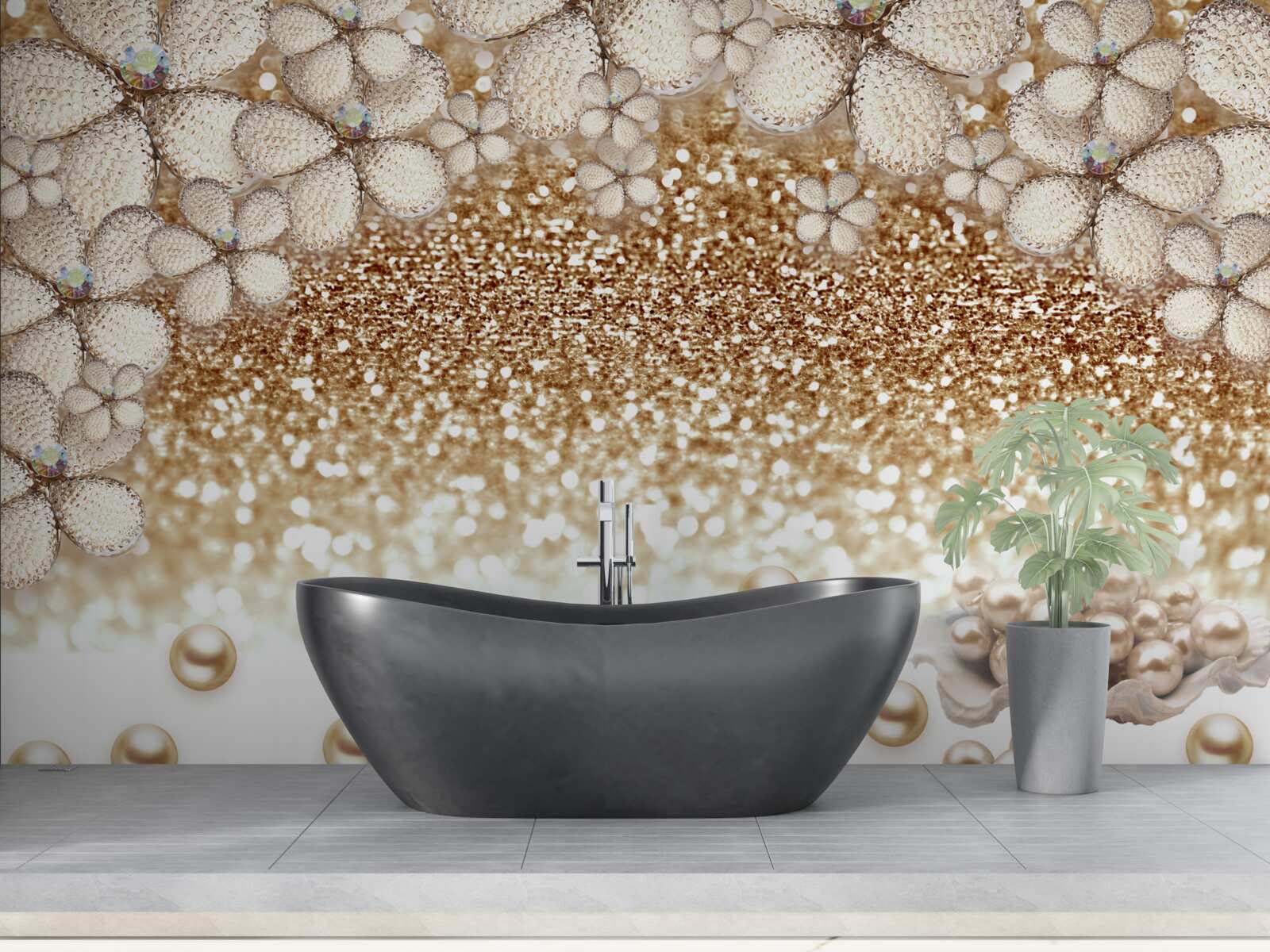 Fototapeta kwiaty w kolorze biało-złotym i perły