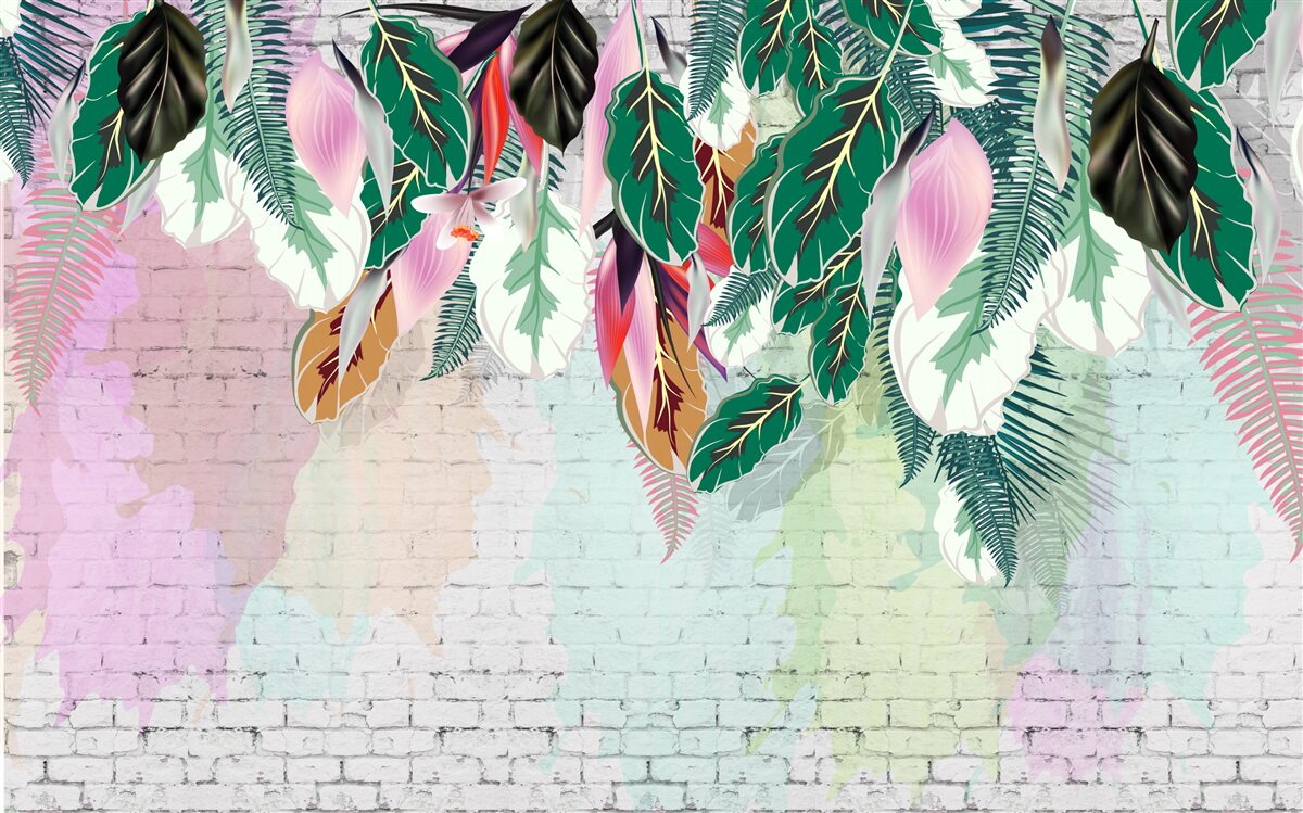 Fototapeta tropikalne liście na różowym tle