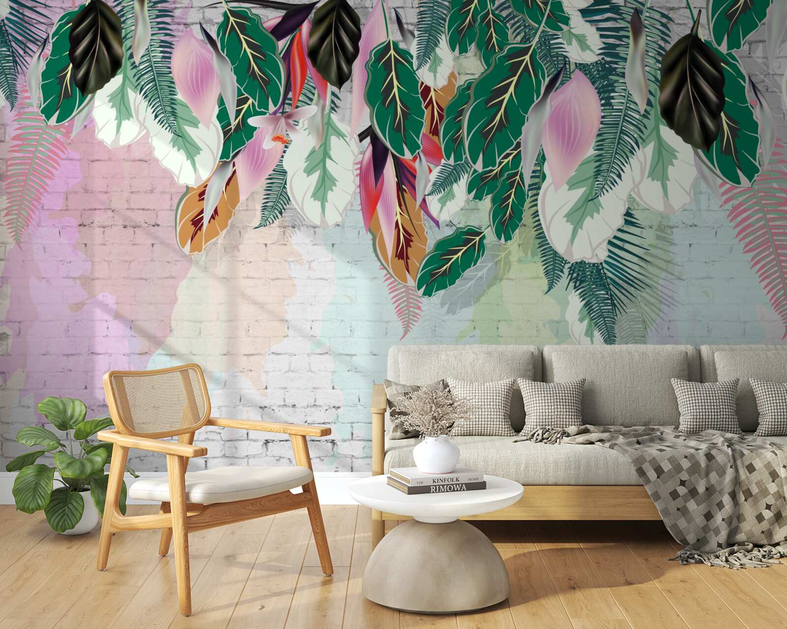 Fototapeta tropikalne liście na różowym tle