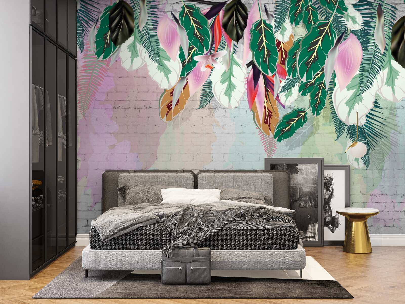 Fototapeta tropikalne liście na różowym tle