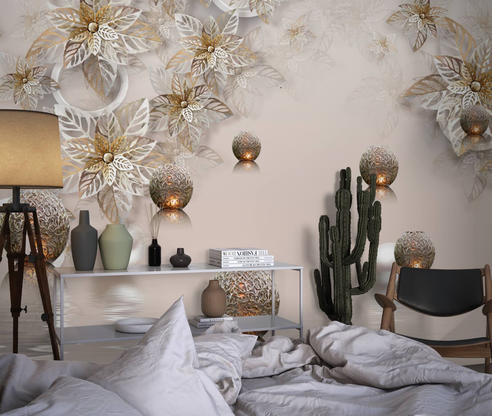 Fototapeta złote rośliny i kule z oświetleniem