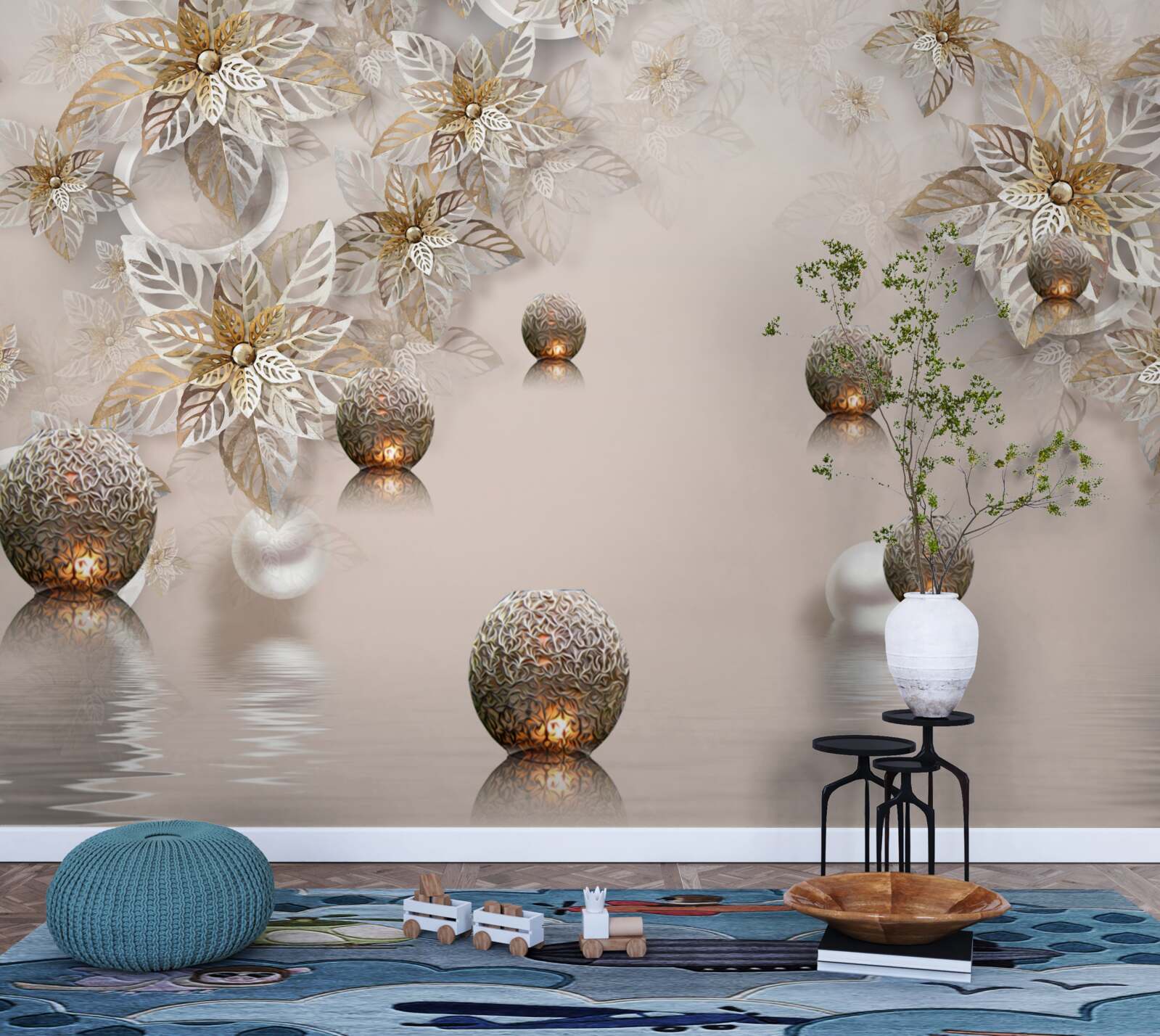 Fototapeta złote rośliny i kule z oświetleniem