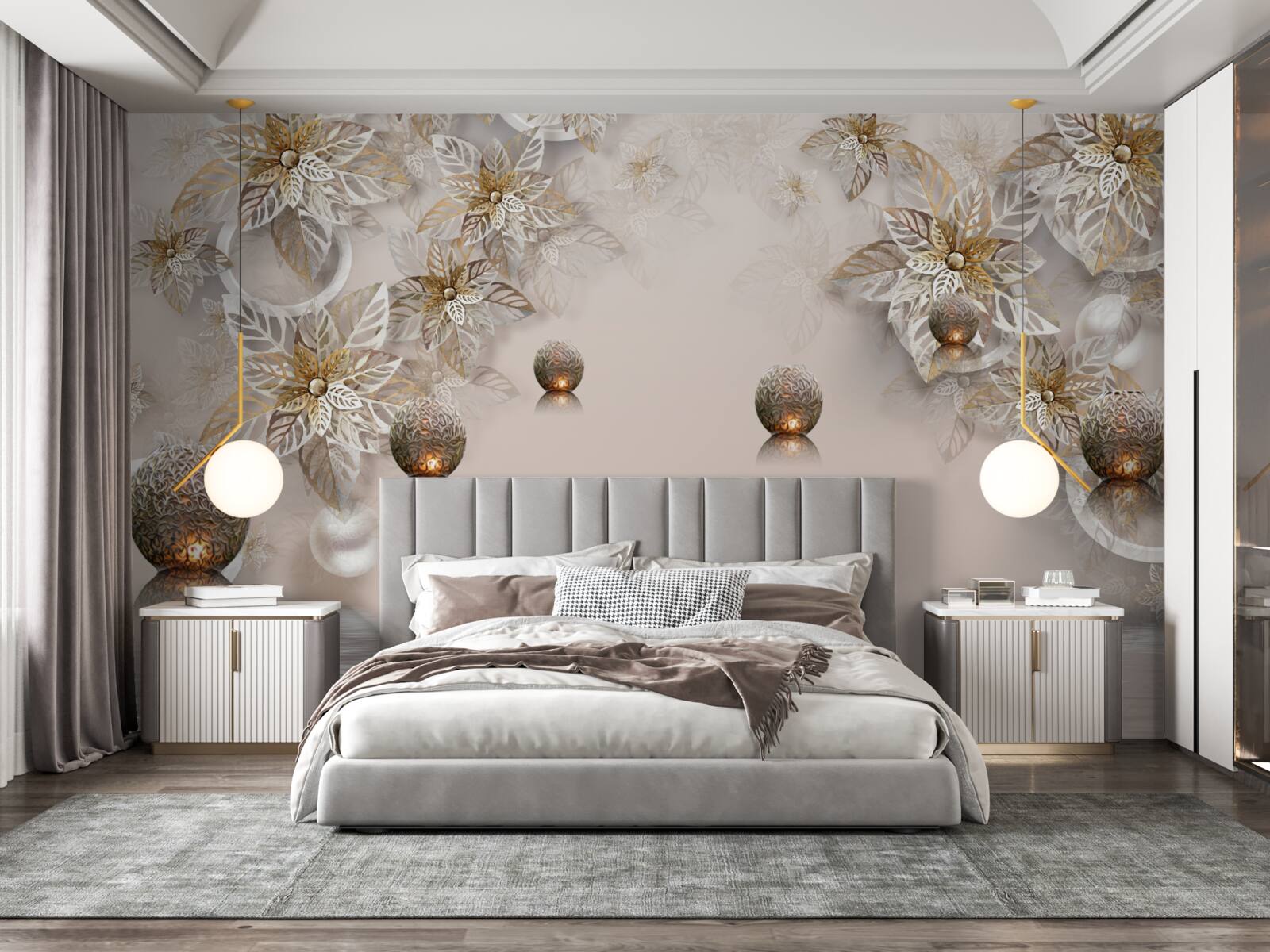 Fototapeta złote rośliny i kule z oświetleniem