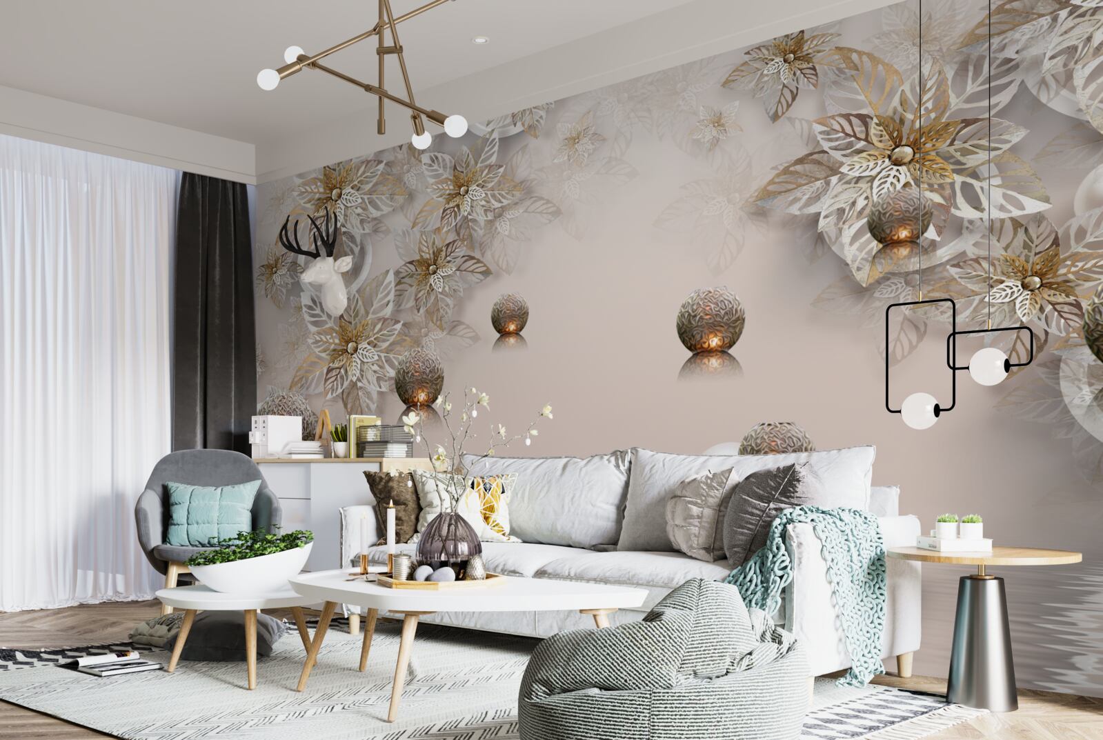 Fototapeta złote rośliny i kule z oświetleniem