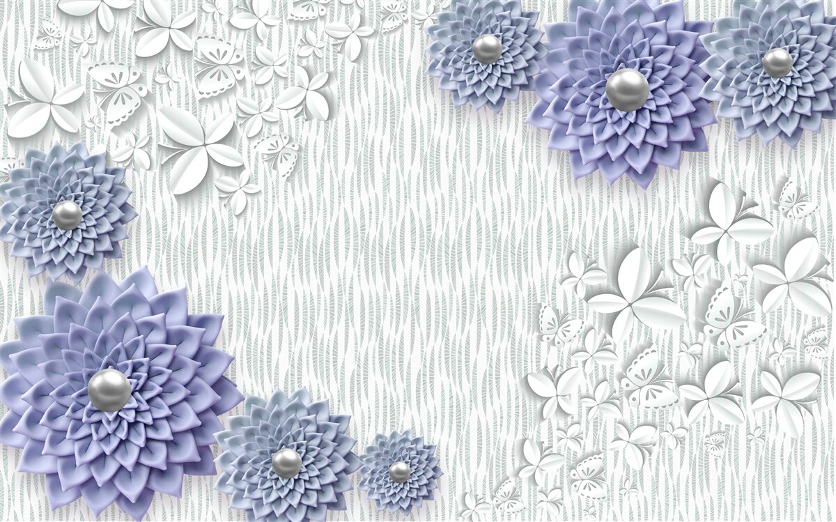 Fototapeta niebieski materiał w kwiaty i motyle