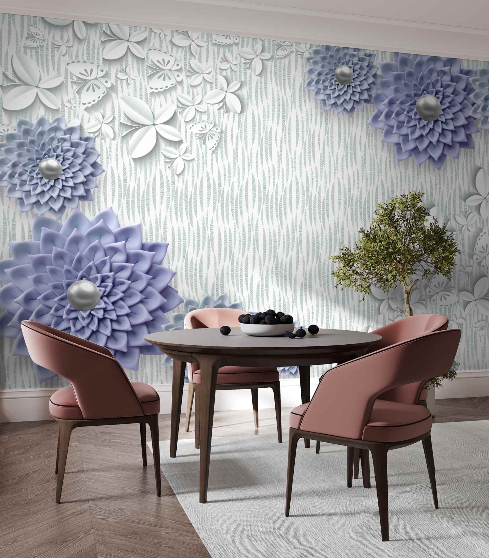 Fototapeta niebieski materiał w kwiaty i motyle