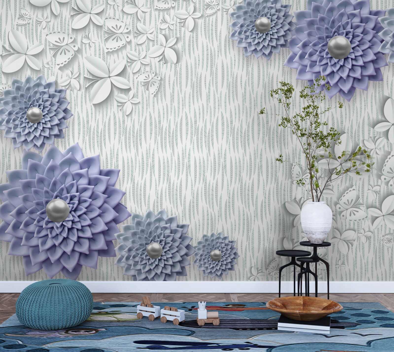 Fototapeta niebieski materiał w kwiaty i motyle