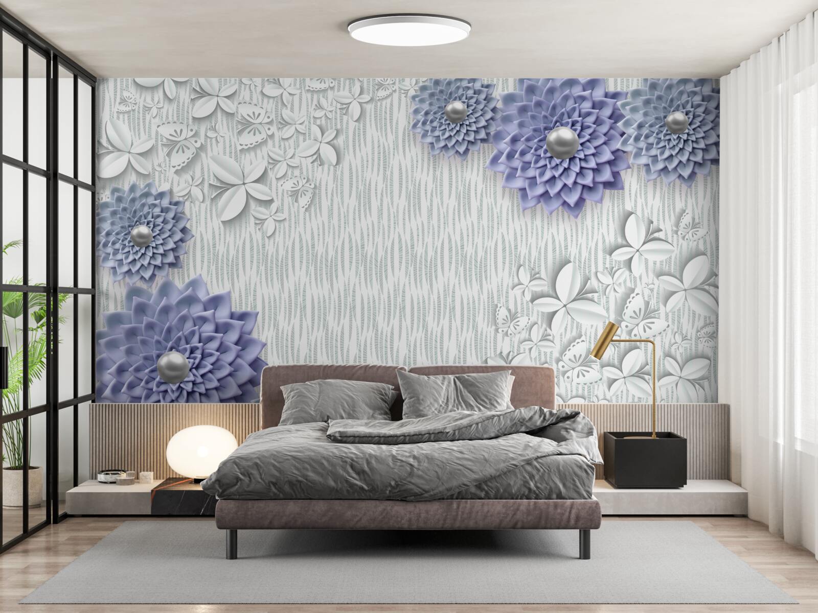 Fototapeta niebieski materiał w kwiaty i motyle