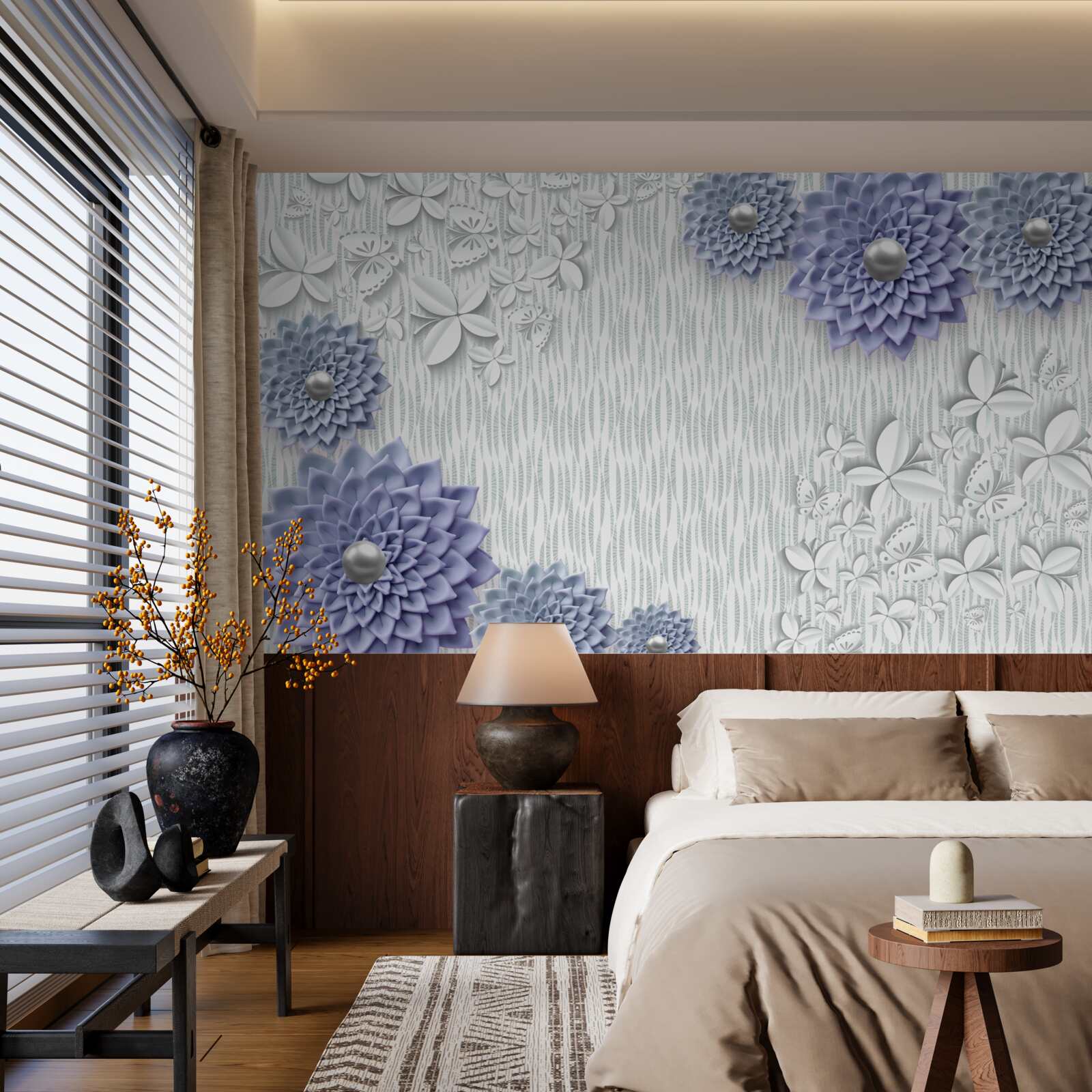 Fototapeta niebieski materiał w kwiaty i motyle