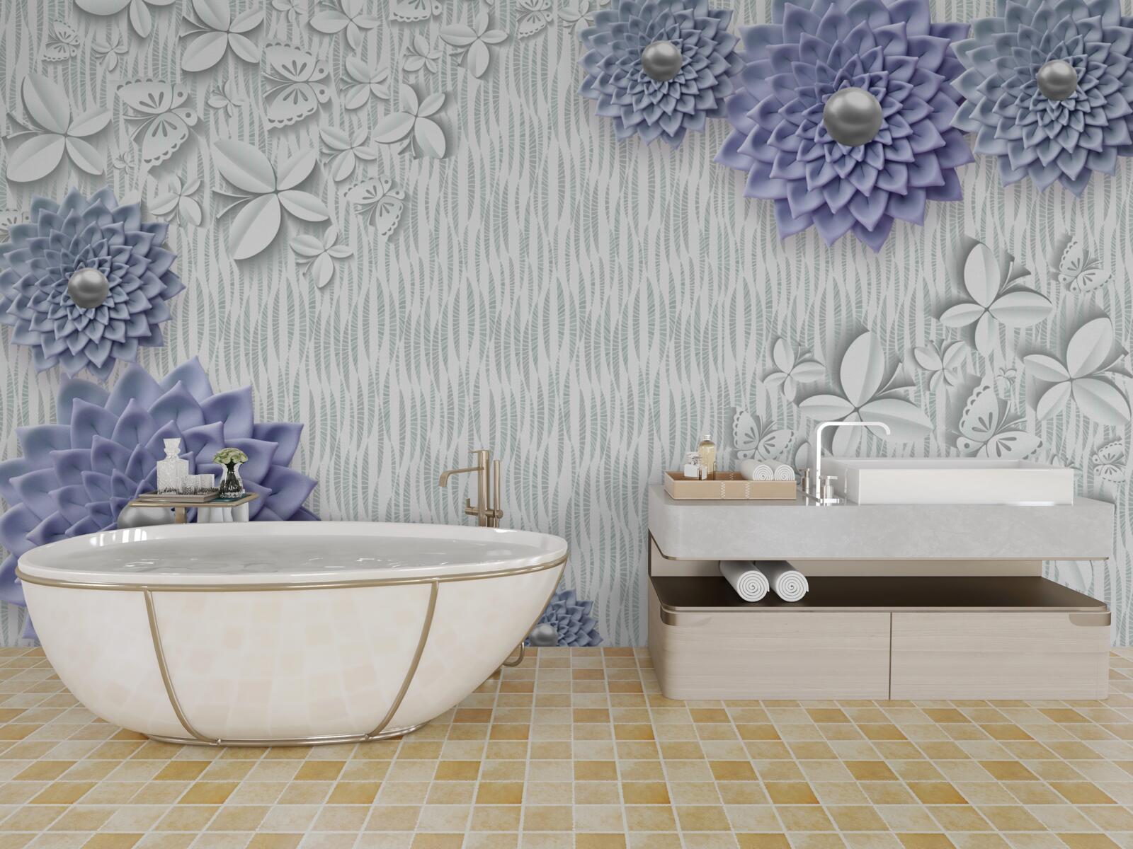 Fototapeta niebieski materiał w kwiaty i motyle