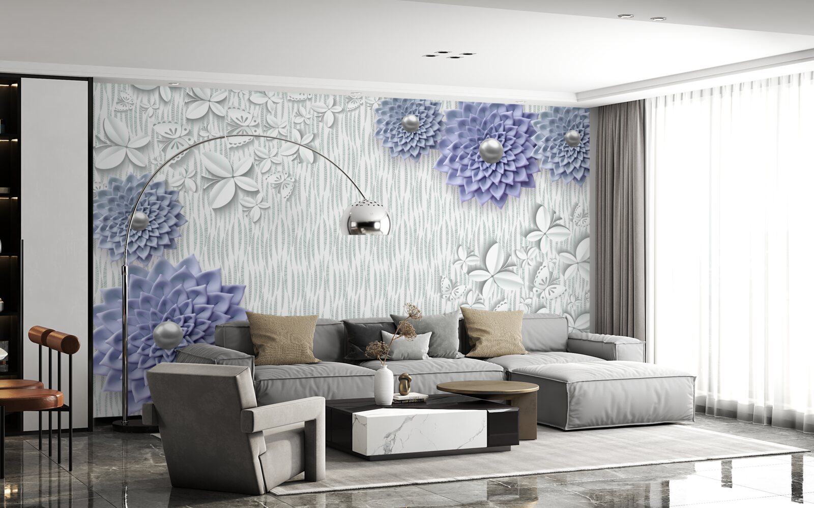 Fototapeta niebieski materiał w kwiaty i motyle