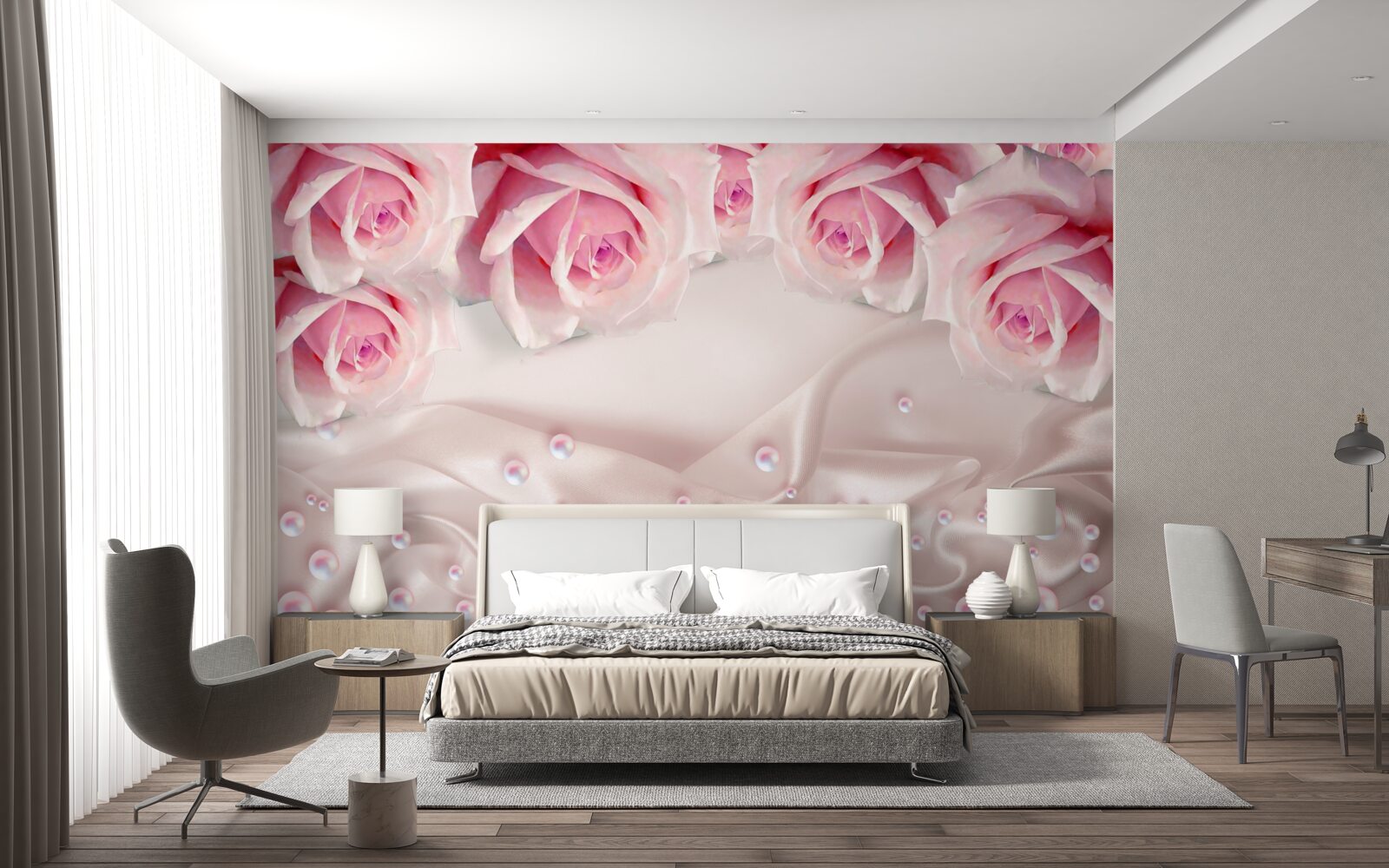 Fototapeta złożony zestaw koralików i jedwabnych różowych róż