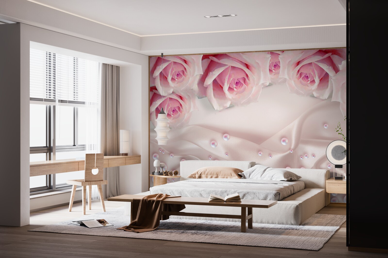 Fototapeta złożony zestaw koralików i jedwabnych różowych róż