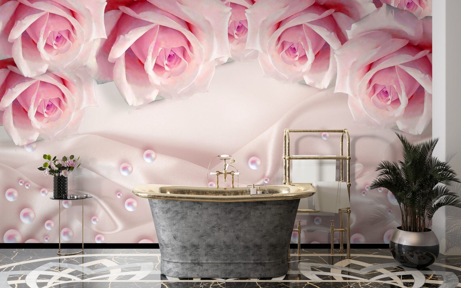 Fototapeta złożony zestaw koralików i jedwabnych różowych róż