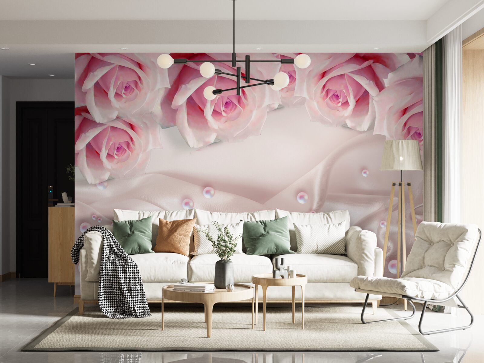 Fototapeta złożony zestaw koralików i jedwabnych różowych róż