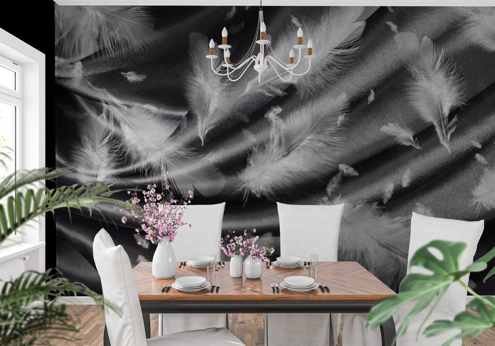 Fototapeta na szarym materiale umieszczono pióra śnieżnobiałej bieli