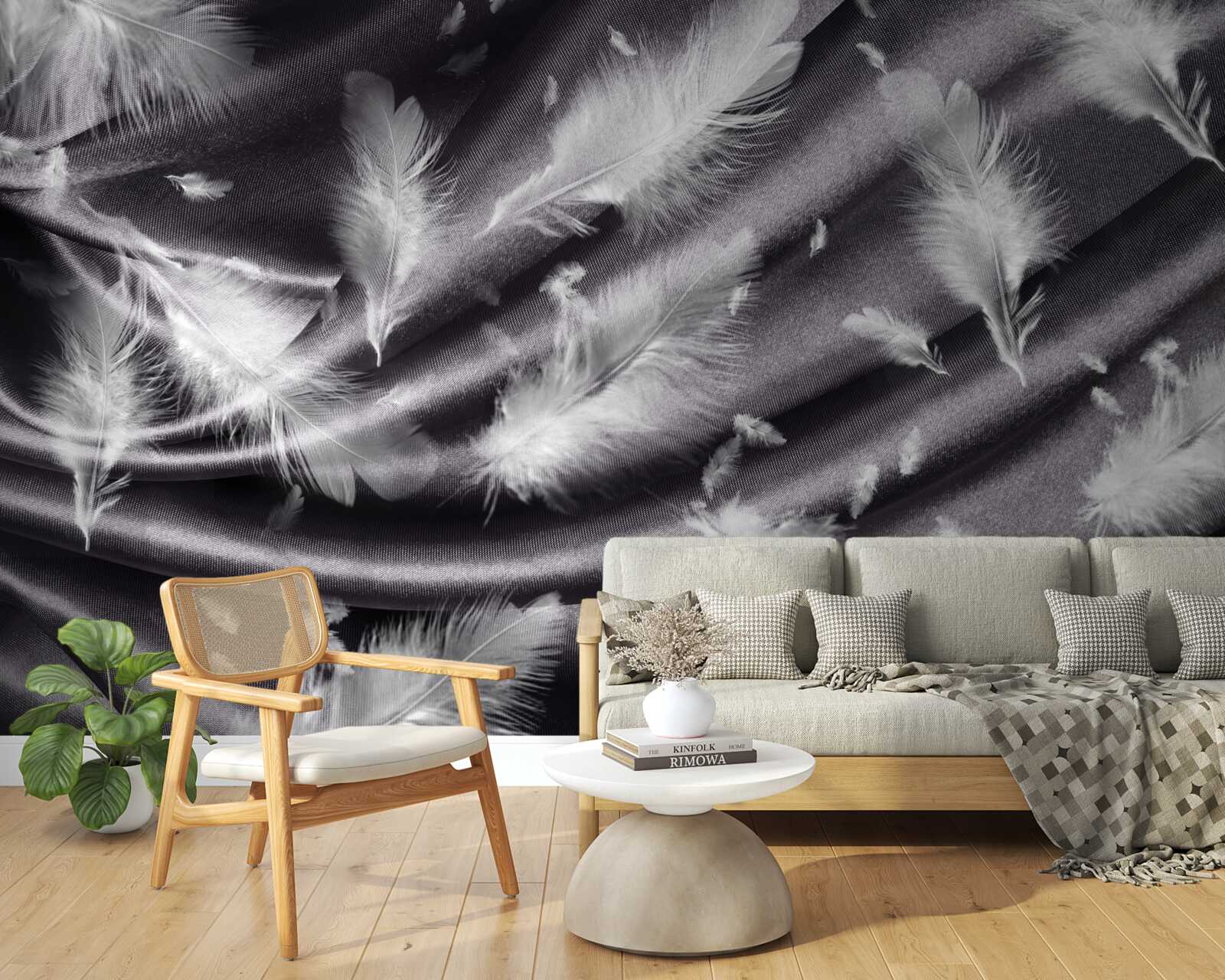 Fototapeta na szarym materiale umieszczono pióra śnieżnobiałej bieli