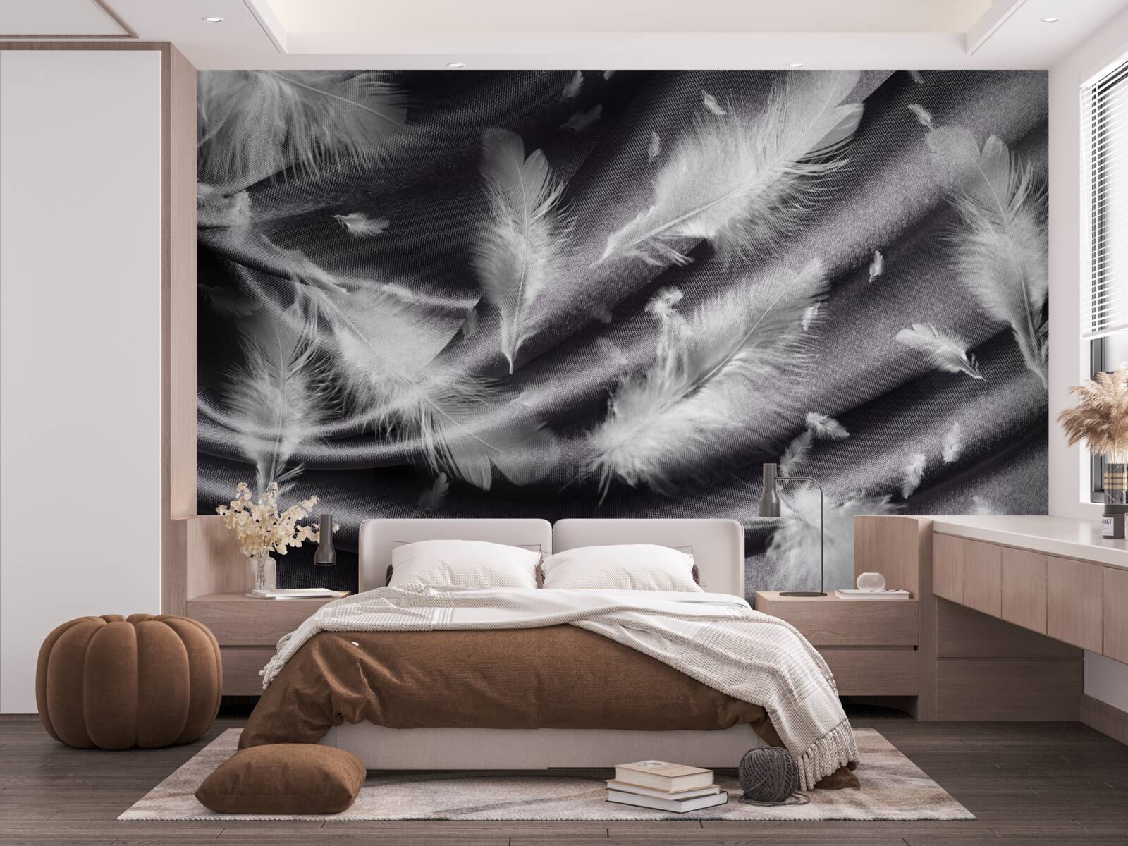 Fototapeta na szarym materiale umieszczono pióra śnieżnobiałej bieli