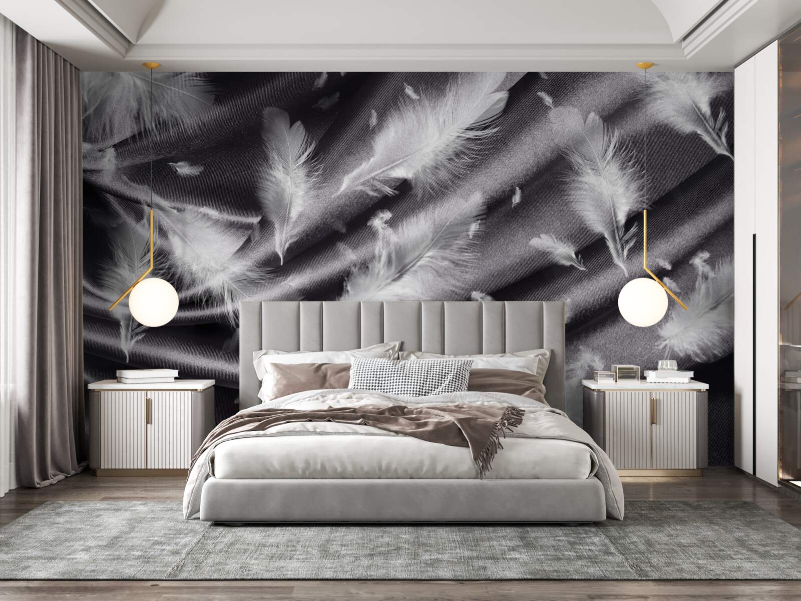 Fototapeta na szarym materiale umieszczono pióra śnieżnobiałej bieli