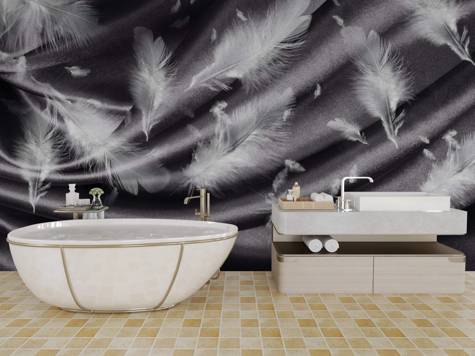 Fototapeta na szarym materiale umieszczono pióra śnieżnobiałej bieli