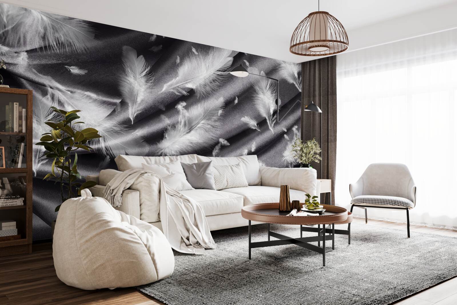 Fototapeta na szarym materiale umieszczono pióra śnieżnobiałej bieli