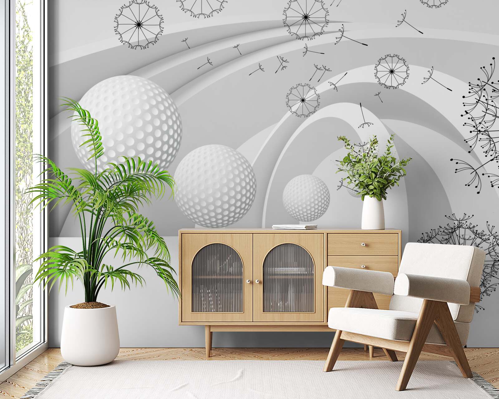 Fototapeta Łuki są śnieżnobiałe, ozdobione kwiatami mniszka lekarskiego