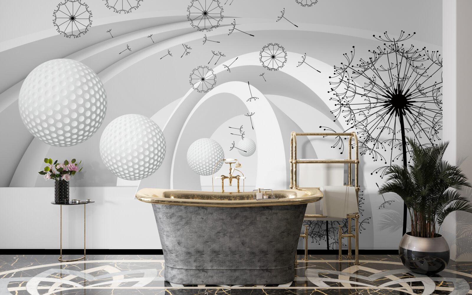 Fototapeta Łuki są śnieżnobiałe, ozdobione kwiatami mniszka lekarskiego