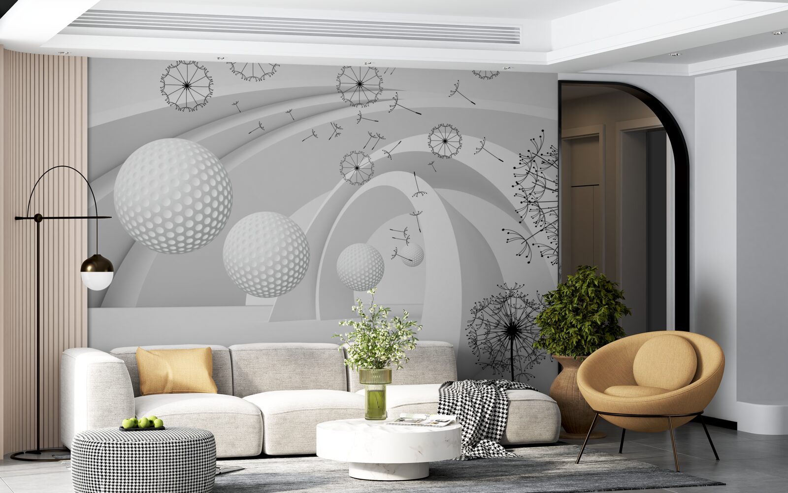 Fototapeta Łuki są śnieżnobiałe, ozdobione kwiatami mniszka lekarskiego