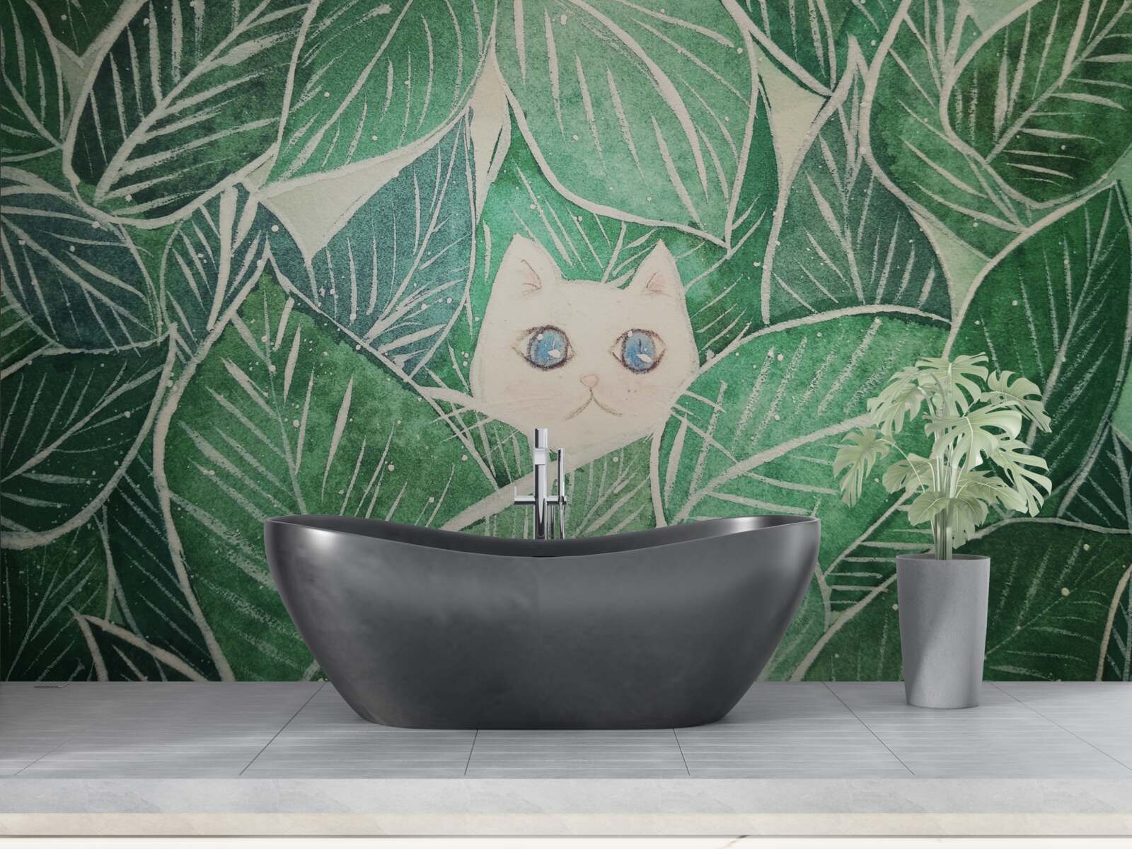 Fototapeta mały kot zgubił się wśród zielonych liści