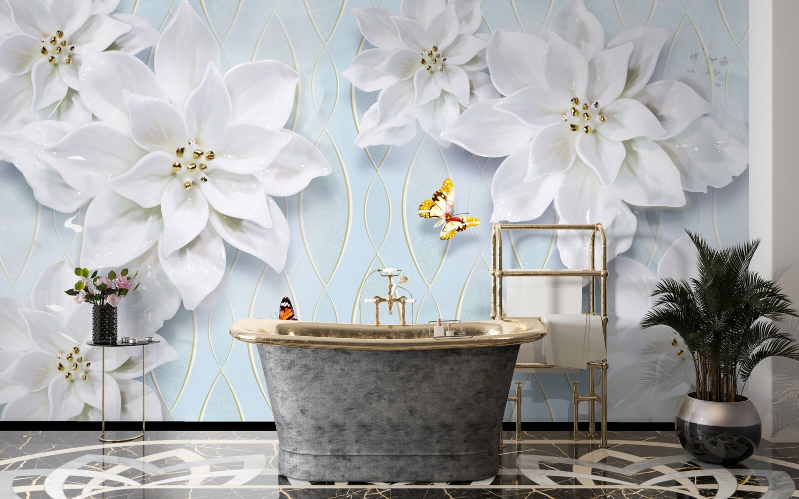 Fototapeta Śnieżnobiałe pąki i motyle