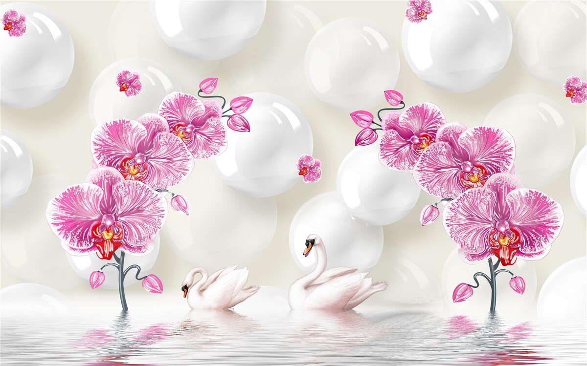 Fototapeta liliowa magnolia i łabędzie pływające po jeziorze