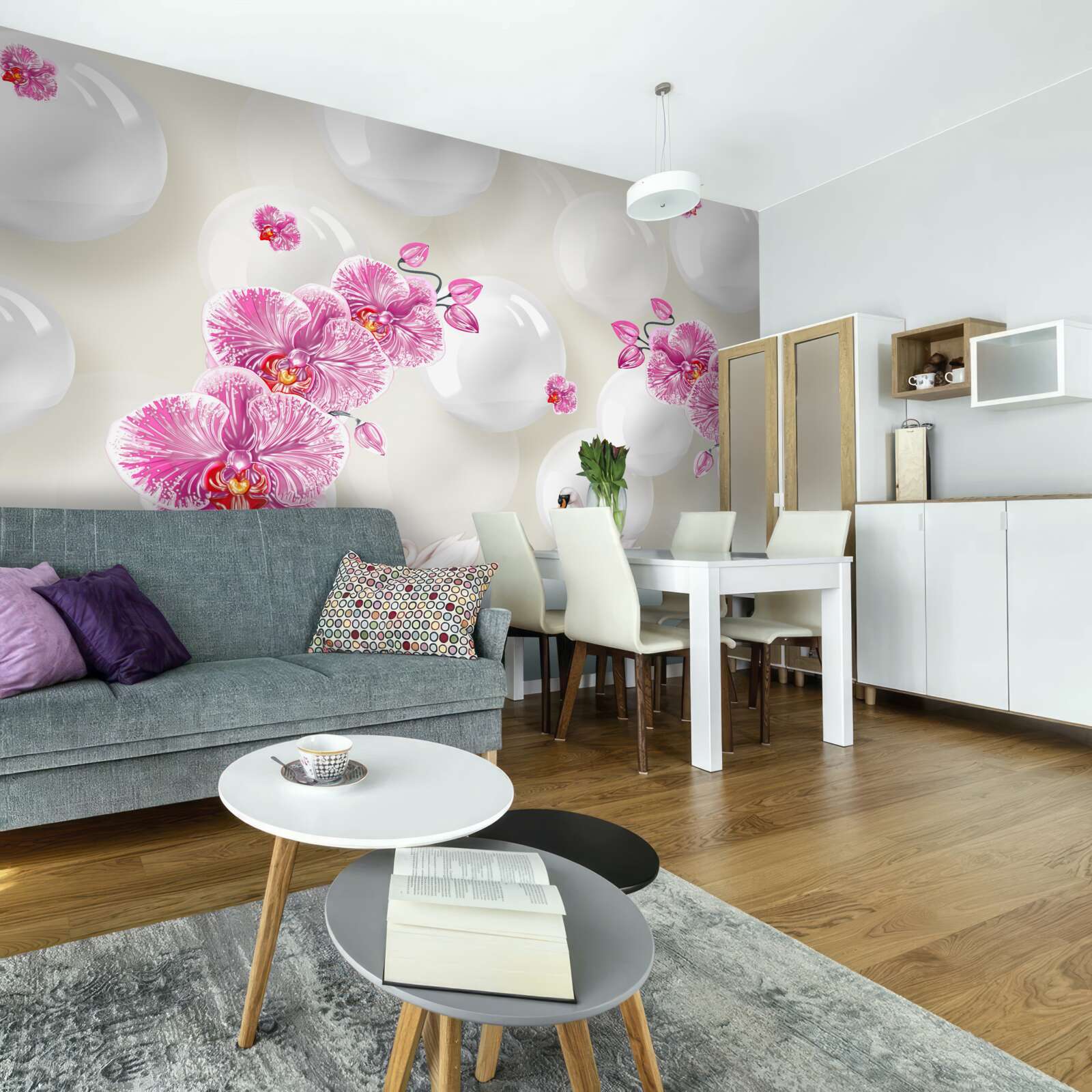 Fototapeta liliowa magnolia i łabędzie pływające po jeziorze