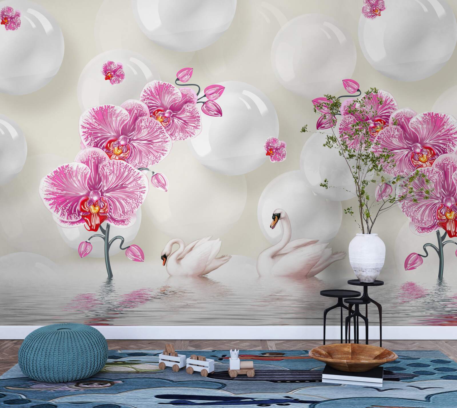 Fototapeta liliowa magnolia i łabędzie pływające po jeziorze