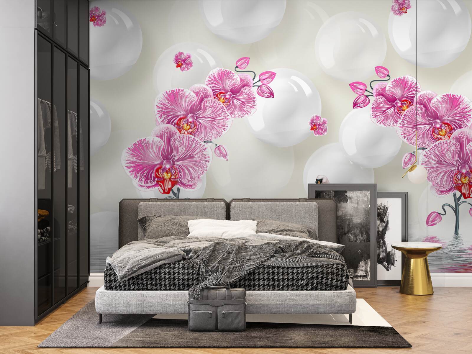 Fototapeta liliowa magnolia i łabędzie pływające po jeziorze