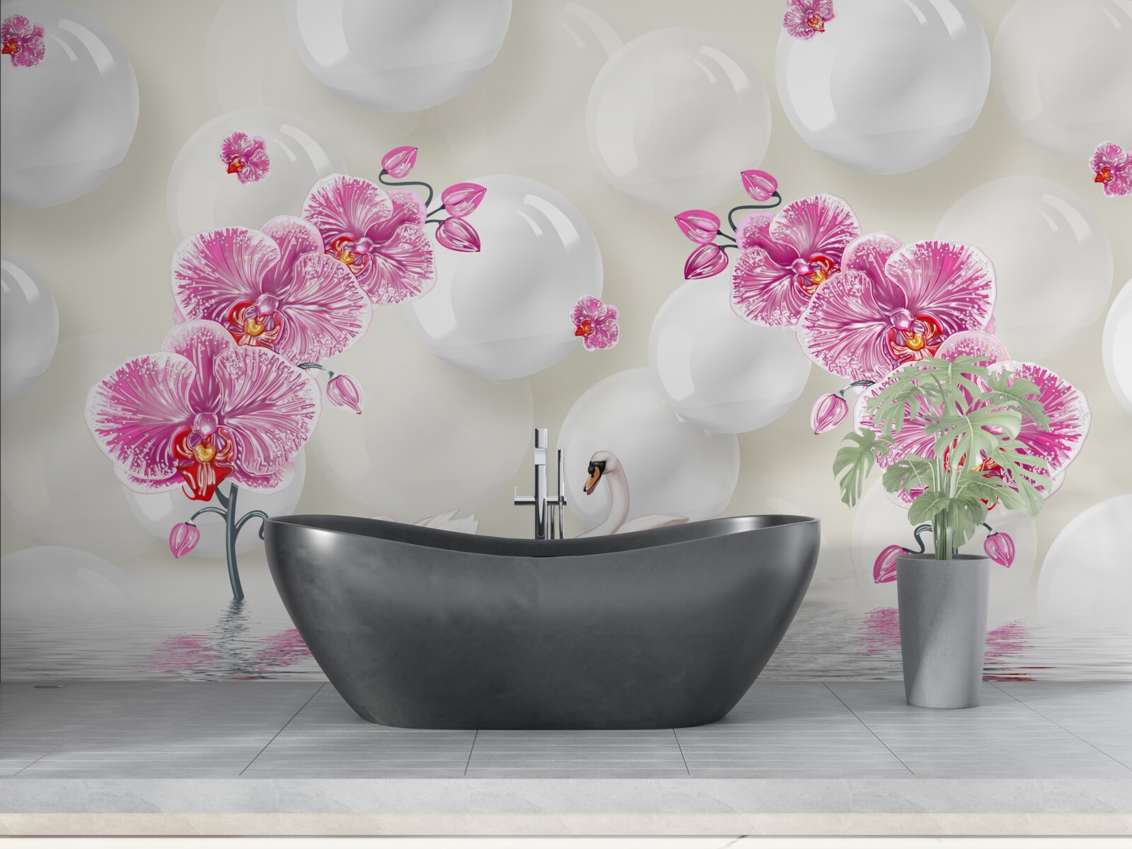 Fototapeta liliowa magnolia i łabędzie pływające po jeziorze