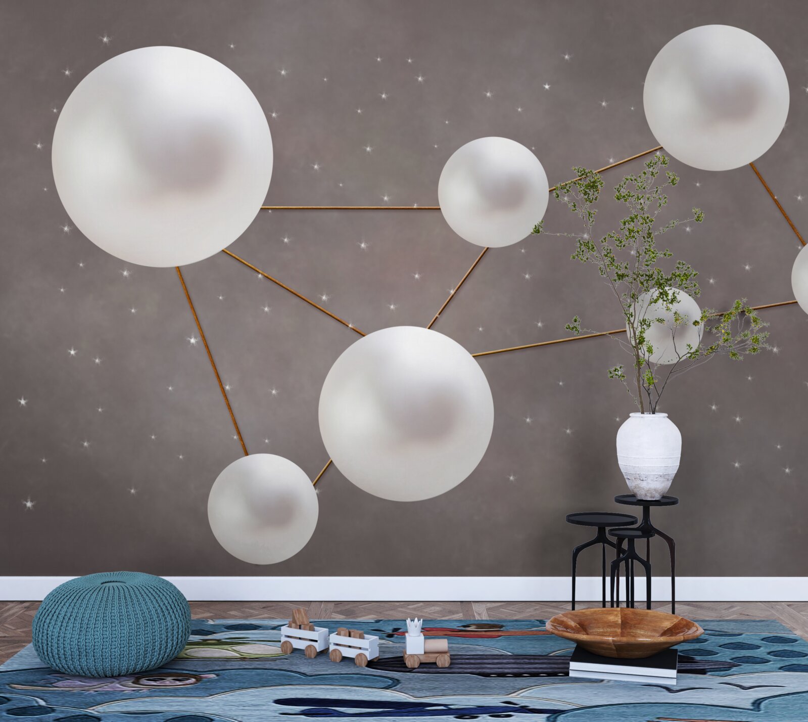 Fototapeta białe kulki ozdobione złotymi liniami są rozrzucone na szarym tle