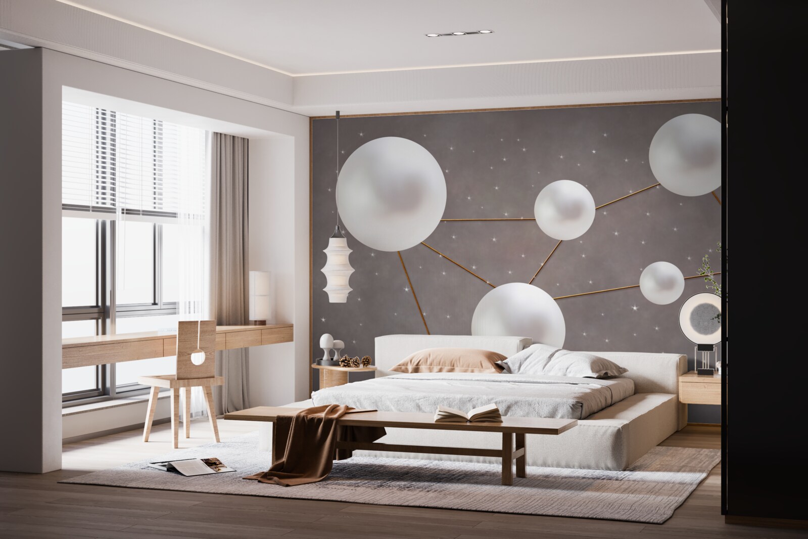 Fototapeta białe kulki ozdobione złotymi liniami są rozrzucone na szarym tle