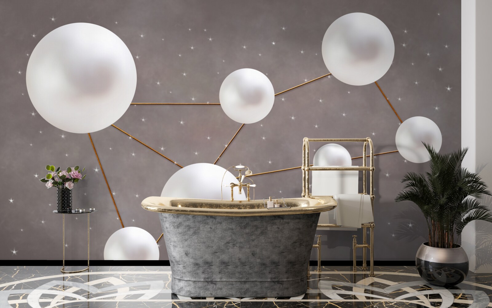 Fototapeta białe kulki ozdobione złotymi liniami są rozrzucone na szarym tle